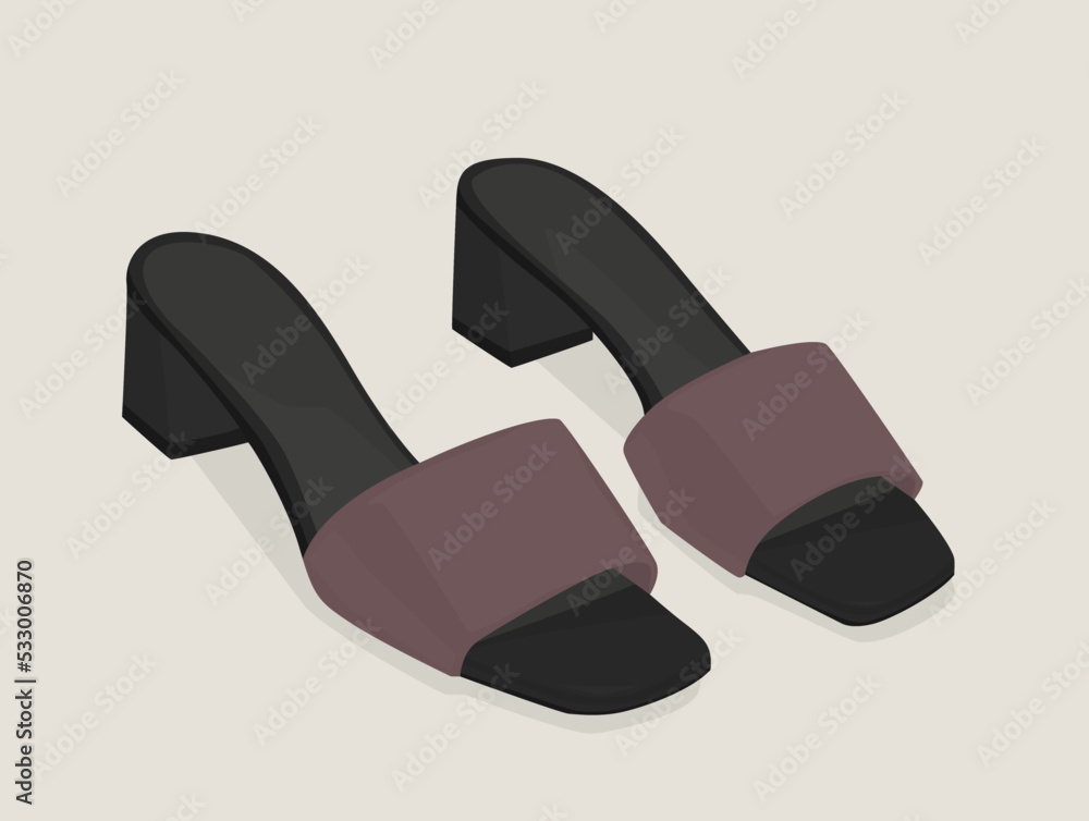 Vector flat image of summer women's shoes. Fashionable modern women's shoes. Violet and black mules with a low turn. Design for postcards, backgrounds, templates, textiles, banners. Vector flat image of summer women's shoes. Fashionable modern women's shoes. Violet and black mules with a low turn. Design for postcards, backgrounds, templates, textiles, banners.