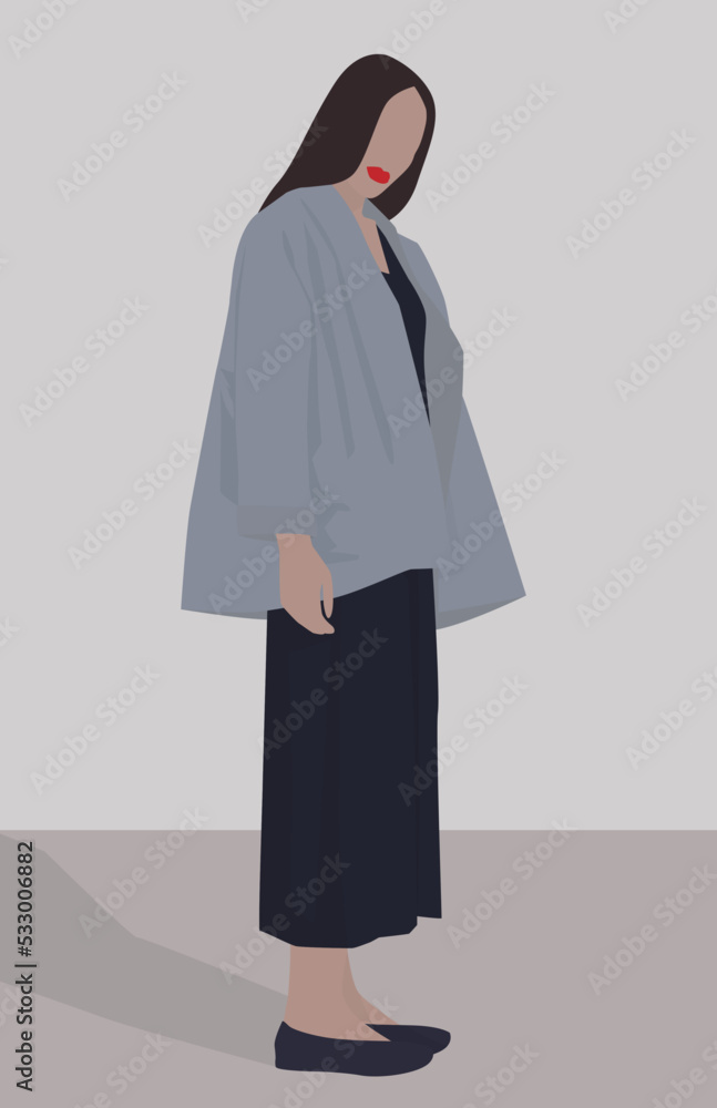 Vector flat image of a girl with long hair. Lady in a long dark dress, cardigan and loafers. Design for postcards, avatars, posters, backgrounds, templates, textiles, banners.