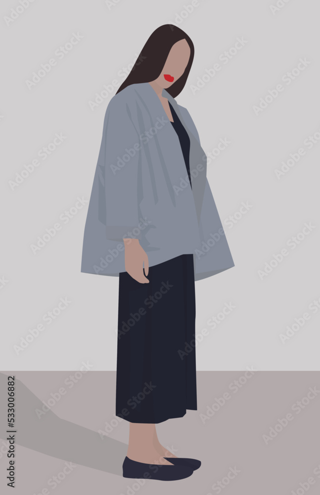 Vector flat image of a girl with long hair. Lady in a long dark dress, cardigan and loafers. Design for postcards, avatars, posters, backgrounds, templates, textiles, banners. Vector flat image of a girl with long hair. Lady in a long dark dress, cardigan and loafers. Design for postcards, avatars, posters, backgrounds, templates, textiles, banners.