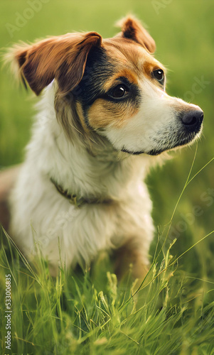 Photo of a dog in nature in the tall grass, dog lying on the grass, looking at the camera. Soft coat, glamour style photo, pet for advertising. Female and male dog photography.