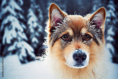 Photo of a dog in nature in the snow forest, looking at the camera. Soft coat, glamour style photo, pet for advertising. Female and male dog photography. © Llama-World-studio