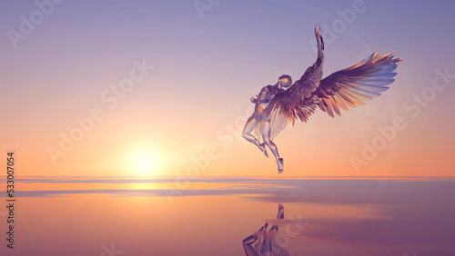 Foto 3d illustration of a translucent angel at dawn spread his wings for flight