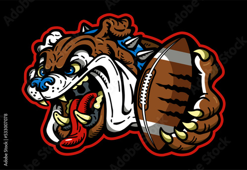 cartoon bulldog mascot holding football in paw for school, college or league