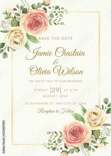 Cream and Gold Wedding Invitation Card, Vector wedding invitation set with liguid fluis background. Rose gold foil marble decoration luxury design.