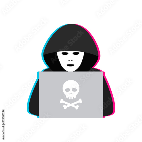 Hacker, Cyber criminal with laptop stealing user personal data. Hacker attack and web security concept. Vector illustration with glitch effect.