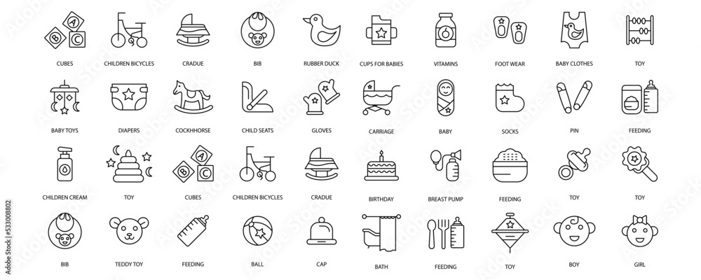 Baby care toys, kid feeding icons set. Set of editable stroke icons.Vector set of Baby care toys, kid feeding Baby care toys, kid feeding icons set. Set of editable stroke icons.Vector set of Baby care toys, kid feeding