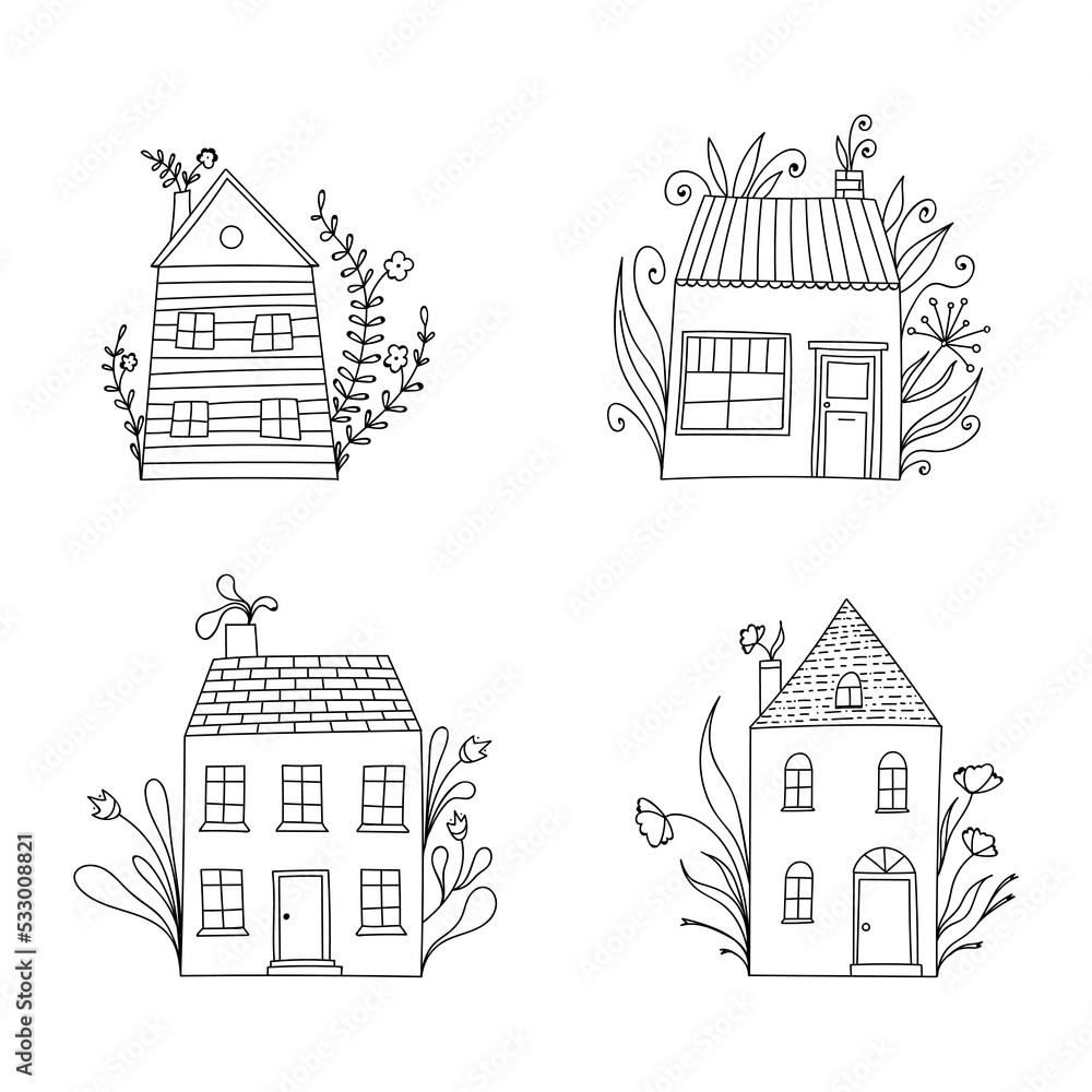 Set of small cute black and white doodle houses, with floral elements.