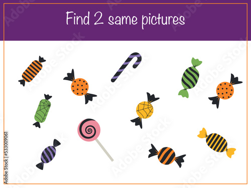Find same picture - children educational game with candies. Vector illustration
