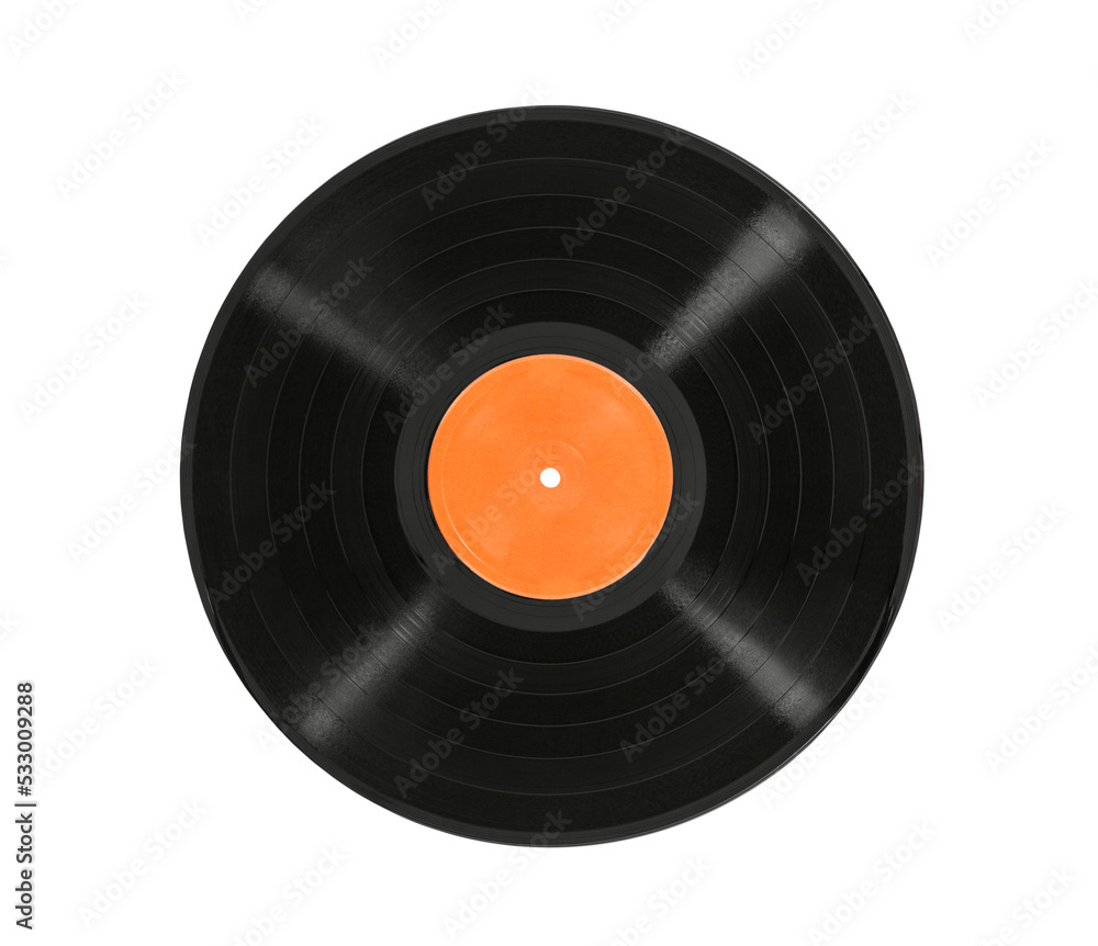 Old vinyl record album with blank orange label isolated. Old vinyl record album with blank orange label isolated.
