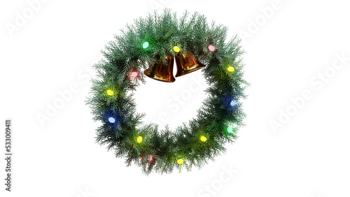 A 3D rendered image of a Christmas Wreath with coloured fairy lights