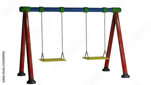 A 3D rendered image of a playground swing