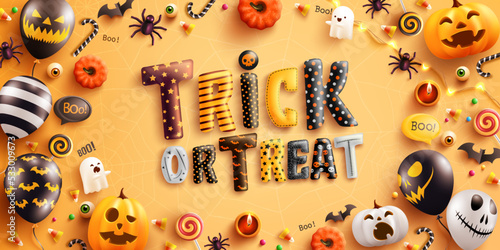 Halloween Trick or Treat Poster with Halloween Ghost Balloons and Pumpkin.Scary air balloons,candy and Halloween Elements on yellow background.Website spooky,Background or banner Halloween template.