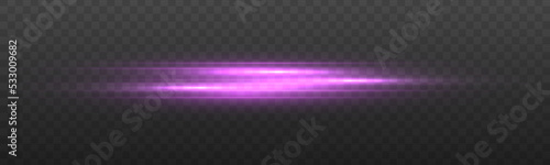 Purple soft horizontal neon lines and lights. Set of abstract lens flares. Beautiful digital flare. Flash purple line motion. Laser sparkle beams, glowing violet speed, pink light effect. Vector 