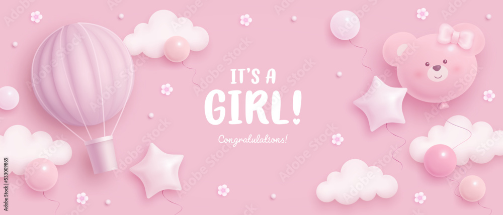 Baby shower horizontal banner with cartoon rabbit, helium balloons and flowers on pink background. It's a girl. Vector illustration