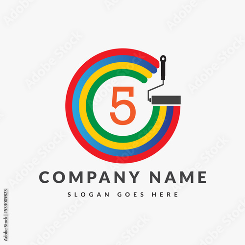 Paint Logo On Letter 5 Template. Paint Logo On 5 Letter, Initial Paint Sign Concept Template	