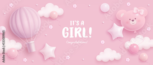 Baby shower horizontal banner with cartoon rabbit, helium balloons and flowers on pink background. It's a girl. Vector illustration