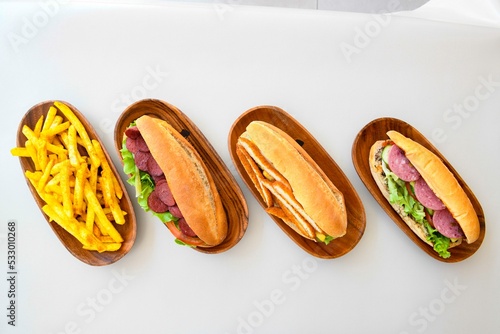 Table scene of assorted take out or delivery foods. Traditional Turkish cuisine. Various Turkish meal and appetizers. Top down view on a table. photo