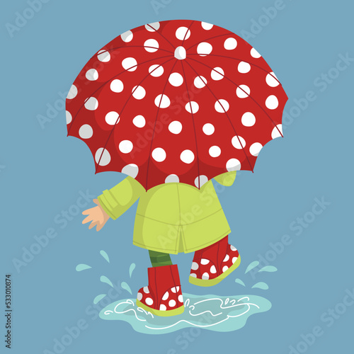 Cute little girl playing with her wellies in a puddle and spotty umbrella, autumn illustration