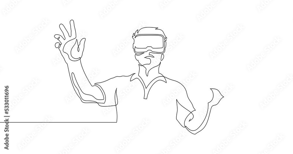 Animation of an image drawn with a continuous line. Man in virtual reality glasses. Augmented reality. Animation of an image drawn with a continuous line. Man in virtual reality glasses. Augmented reality.