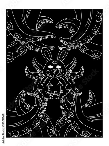 Psychedelic Halloween poster. A bunny with octopus tentacles holds a pumpkin. Surrealism. Contour.