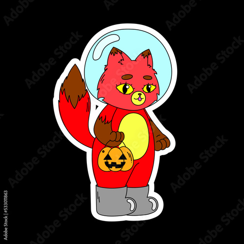 A sticker with a fox in a helmet from a spacesuit holds a basket in the form of a pumpkin. Halloween.