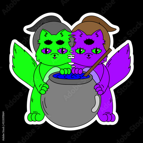 Siamese twin kittens brew a potion in witch hats.
