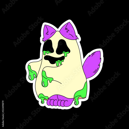 Sticker of a cat in a ghost costume. Psychedelic, surrealism, Halloween.