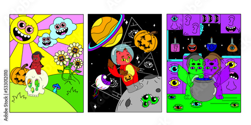 A set of psychedelic posters. Space, mushrooms, monsters, strange animals, an eye in a triangle. Surrealism.