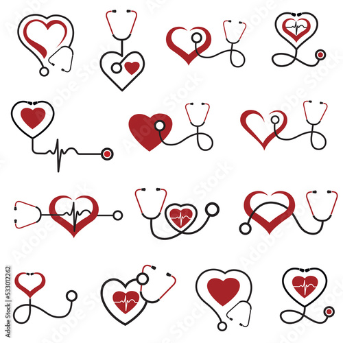 collection of medical halth care icons with stethoscope and heart isolated on white background