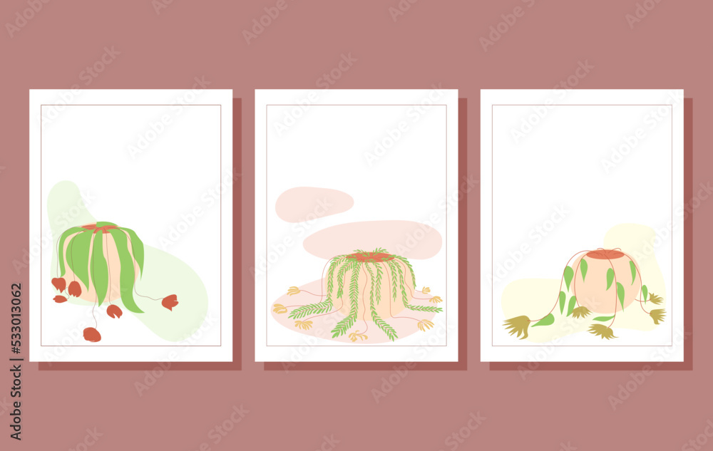 set of postcards pot with withered flowers isolated set of postcards pot with withered flowers isolated