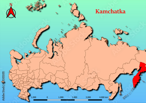 Vector Map of Russia with map of Kamchatka county highlighted in red