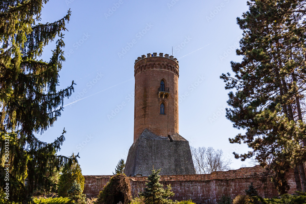 Obraz premium The Chindia Tower or Turnul Chindiei is a tower in the Targoviste Royal Court or Curtea Domneasca monuments ensemble in downtown Targoviste, Romania