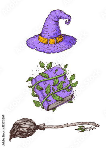 Happy Halloween. Witch hat, book of spells and magic broom. Hand drawn vector illustration. Design element. Vintage design for the holiday Halloween.