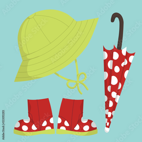 Spotted umbrella, wellies and a rain cap, autumn illustration
