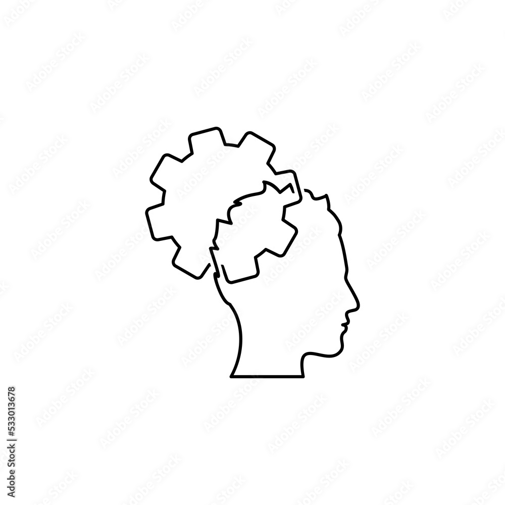 Thinking process icon. Head with gears line symbol isolated on white background Thinking process icon. Head with gears line symbol isolated on white background
