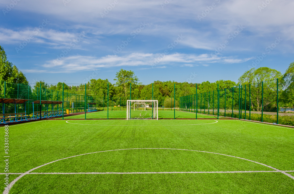 A football field in the forest in summer.