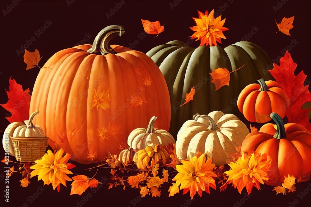 Naklejka premium autumn composition with pumpkin and dry flowers in basket fall seasonal natural background symbol of Autumn harvest, Thanksgiving, Mabon sabbat and Halloween holiday , anime style