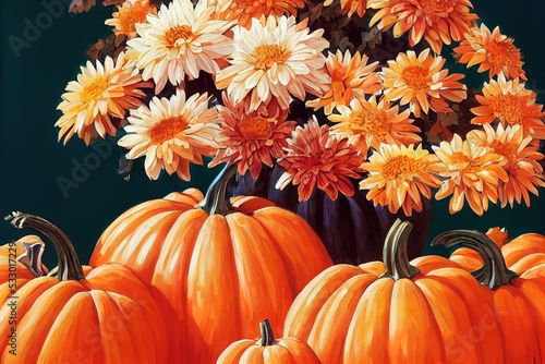 Autumn background with a bouquet of chrysanthemums and pumpkins  copy space   anime style
