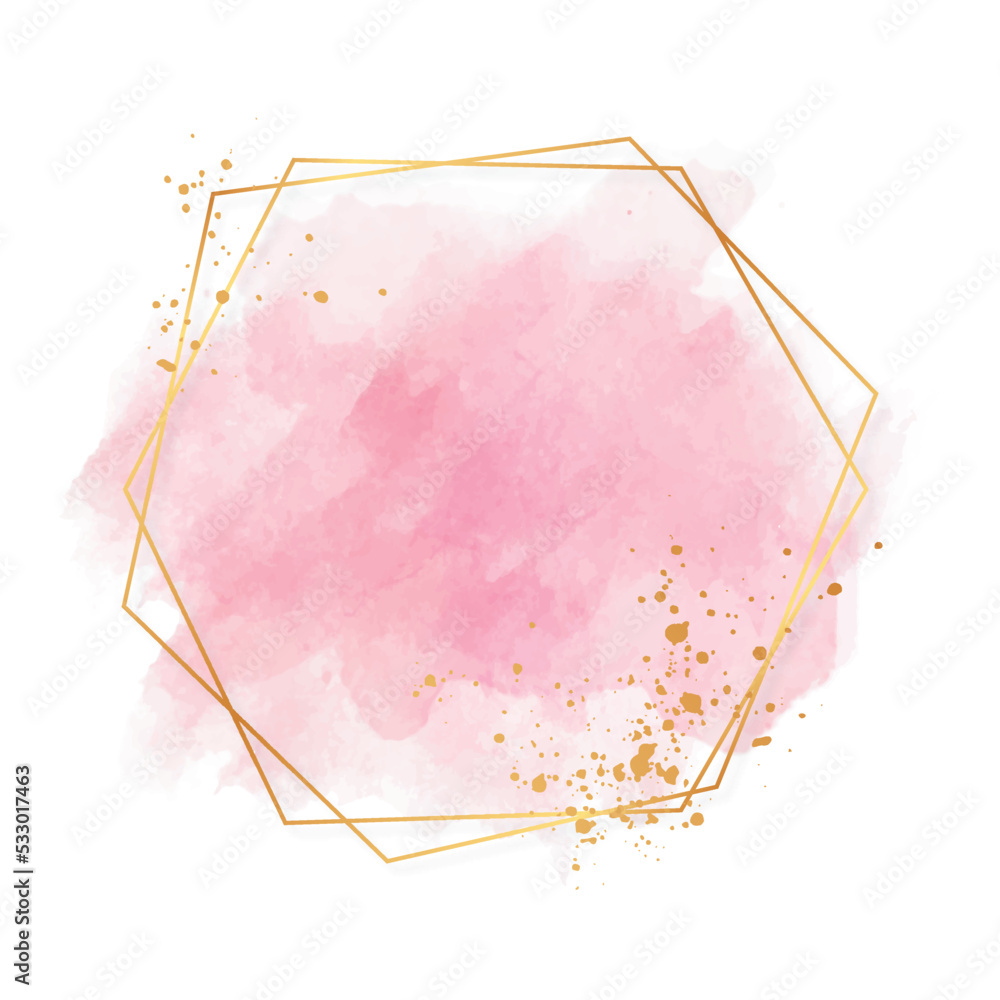 Luxury pastel pink golden frame. Watercolor splashes with golden hexagons. Vector illustration