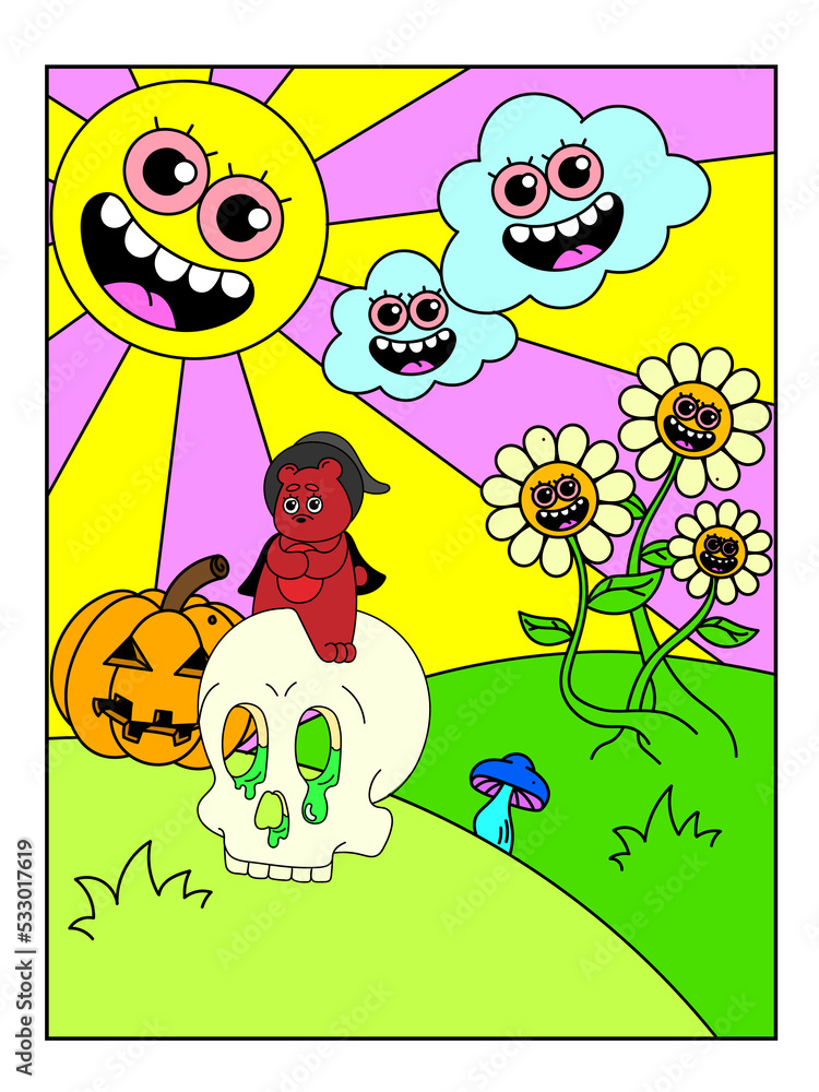 Fototapeta premium Psychedelic Halloween poster. The sun is with a face, the clouds are laughing, the bear is sitting on the skull in a witch's hat. Surrealism.