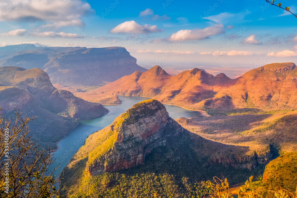 Beautiful and panoramic Blyde river canyon and Three Rondawels i