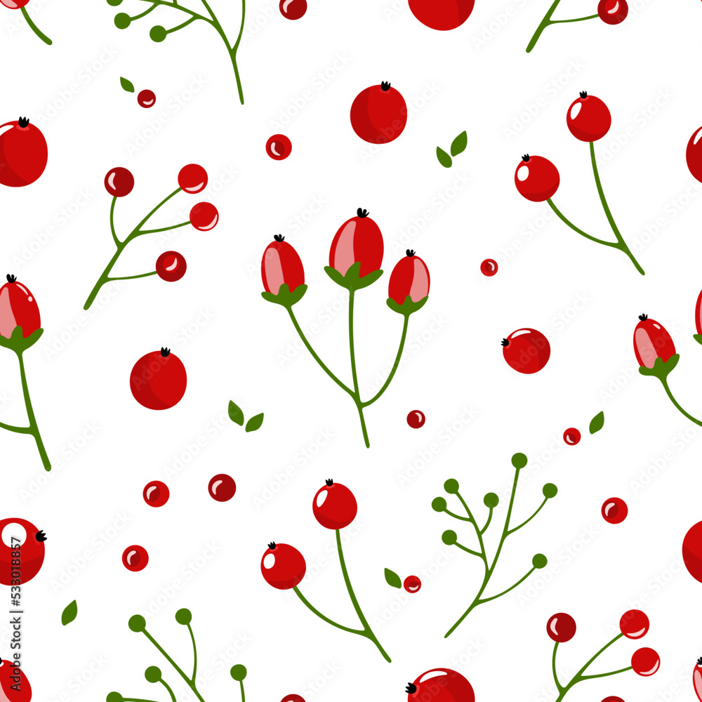 Bright floral pattern. Green twigs with red berries and leaves on a white background. Use for wallpaper, fabric, packaging. Bright floral pattern. Green twigs with red berries and leaves on a white background. Use for wallpaper, fabric, packaging.