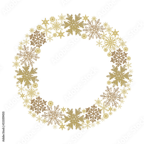 Golden snowflakes of different sizes isolated on white background. Christmas round element. Winter design element. Christmas frame