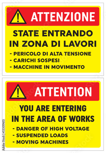 ATTENZIONE State entrando in zona di lavori, cartello, edilizia, cantiere, lavori, strada, avviso, segnaletica, ponteggi, edifici, aziende, cantieri, città, palazzi, opere murarie, architettura