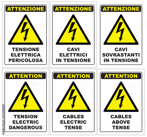 Attenzione Tensione elettrica pericolosa, cartello, edilizia, cantiere, lavori, strada, avviso, segnaletica, ponteggi, edifici, aziende, cantieri, città, palazzi, opere murarie, architettura, cabina