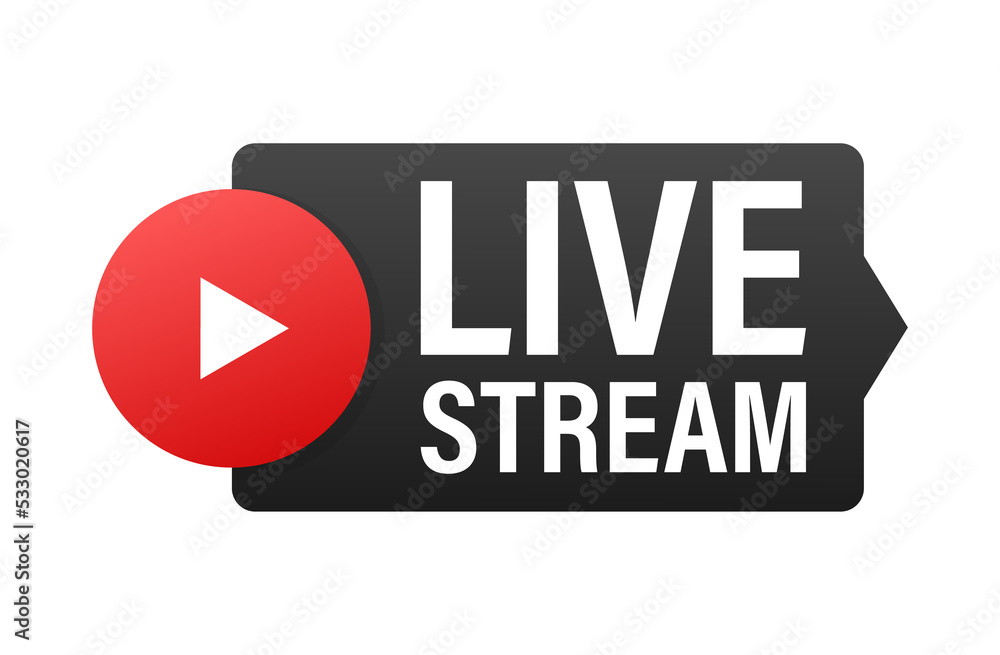 Live stream flat logo - red design element with play button. illustration. Live stream flat logo - red design element with play button. illustration.