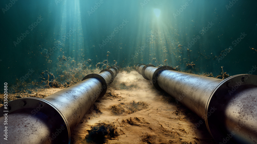 underwater pipes, industrial gas pipeline, nord stream 2, 3d rendering