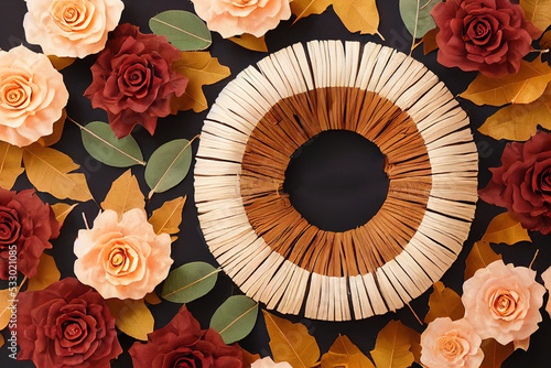 Autumn composition Wreath made of eucalyptus branches  rose flowers  dried leaves on white background Autumn  fall concept Flat lay  top view  copy space  square   anime style