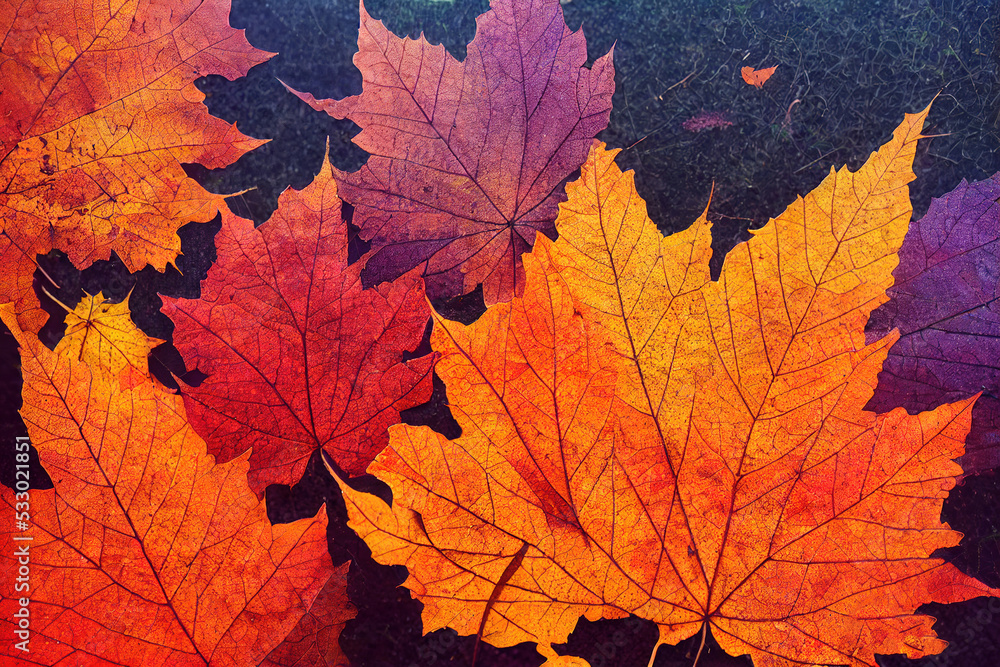 Fototapeta premium Autumn composition Autumn yellow and orange maple leaves on the green grass Top view , anime style