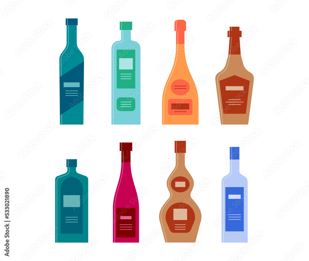 Set bottles of gin tequila champagne whiskey schnapps wine liquor vodka. Icon bottle with cap and label. Graphic design for any purposes. Flat style. Color form. Party drink concept. Simple image Set bottles of gin tequila champagne whiskey schnapps wine liquor vodka. Icon bottle with cap and label. Graphic design for any purposes. Flat style. Color form. Party drink concept. Simple image